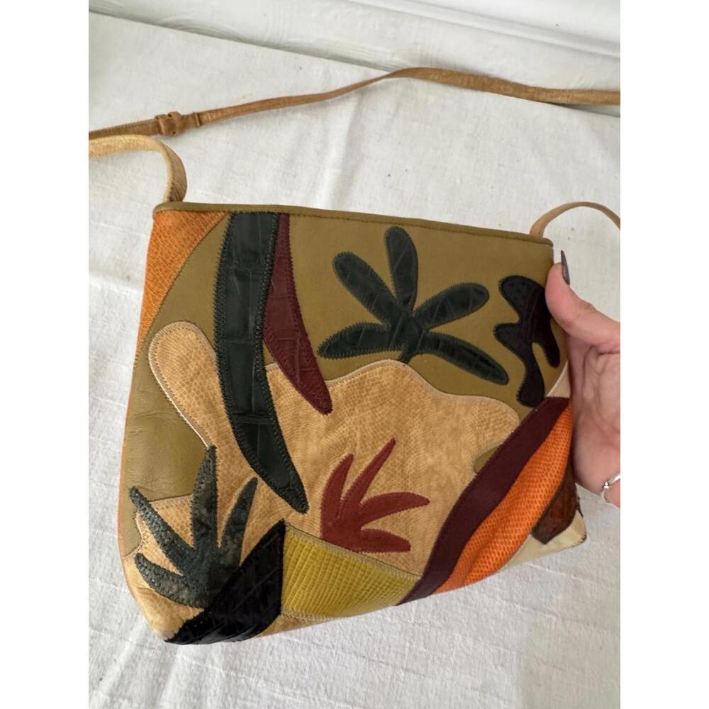 Vintage Sharif Leather Mixed Media Jewel Tone Reptile Embossed Crossbody Bag